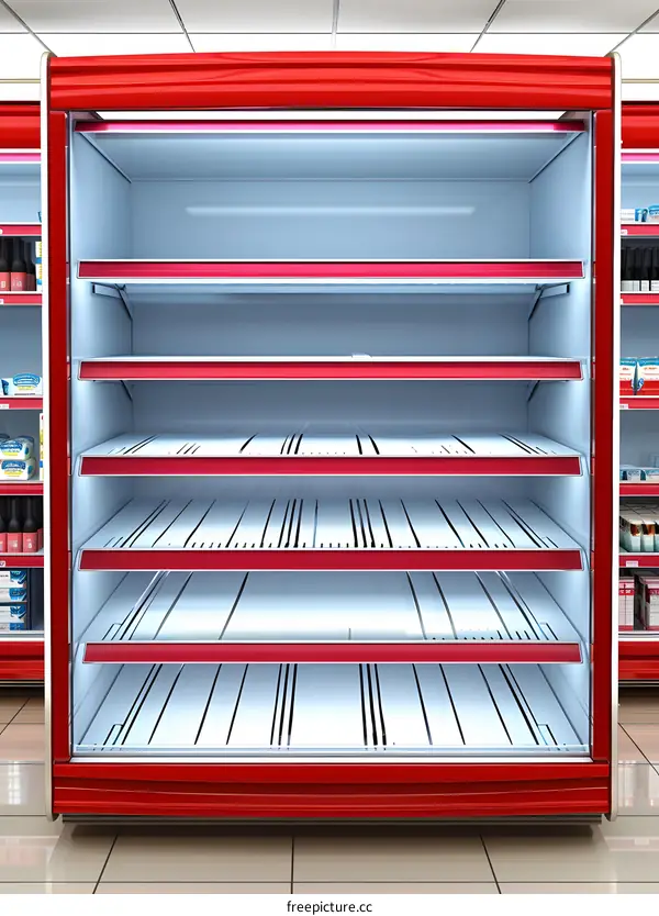 Empty Supermarket Refrigerator Shelves Red White
