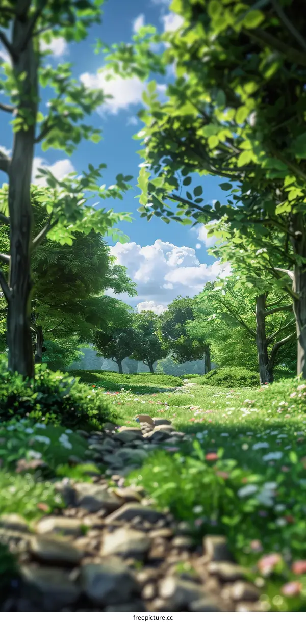 Sunlit Forest Path with Lush Greenery