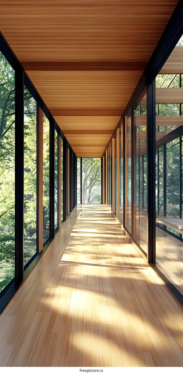 Modern Glass Corridor With Wooden Ceiling And Floor