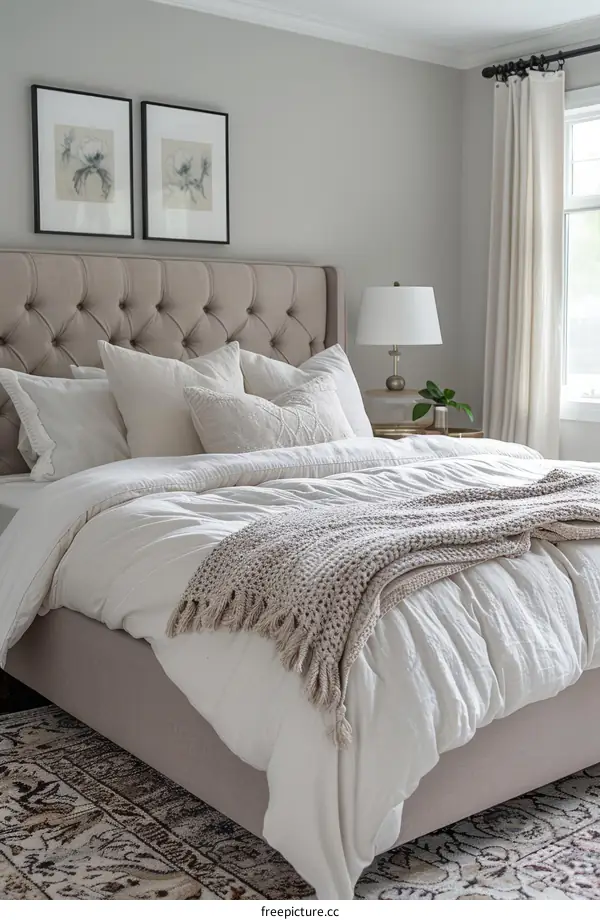 Elegant Master Bedroom with Tufted Bed and White Bedding