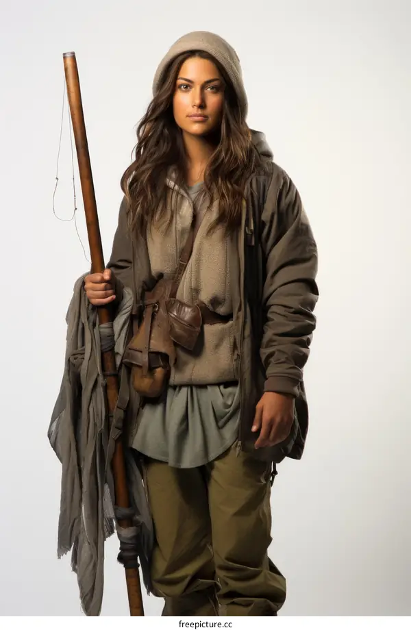 A young woman standing in front of a white background, holding a staff in her hand and wearing a post-apocalyptic outfit.