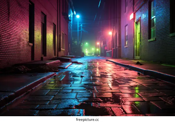 A dark and empty alleyway with colorful lights reflecting off the wet pavement
