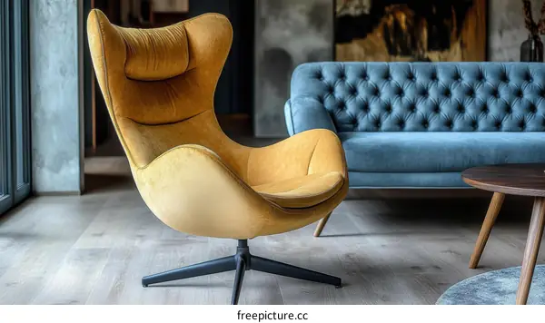 Modern Living Room Furniture Set with Mustard Yellow Chair and Light Blue Sofa