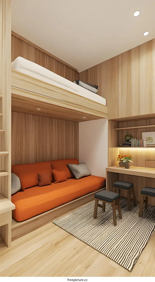 Modern Minimalist Interior Design with Loft Bed, Sofa, and Desk