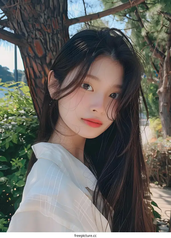 Young Asian Woman with Long Black Hair Posing by a Tree