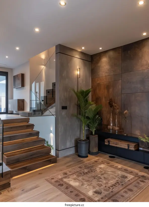 Modern minimalist house interior with staircase and living room