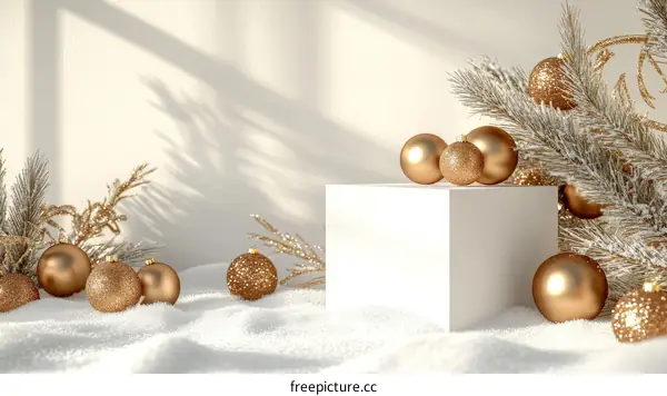Golden Christmas Ornaments Display on White Background