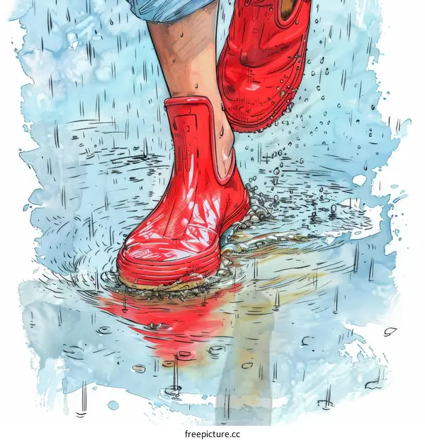 Girl wearing red boots jumping in puddle