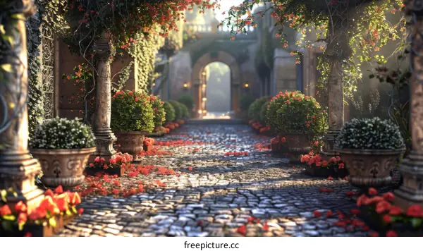 Mystical Garden Path with Stone Archway under Sunlight