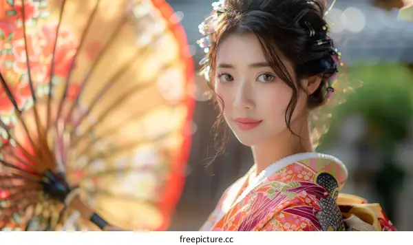 Charming Japanese Geisha in Traditional Kimono