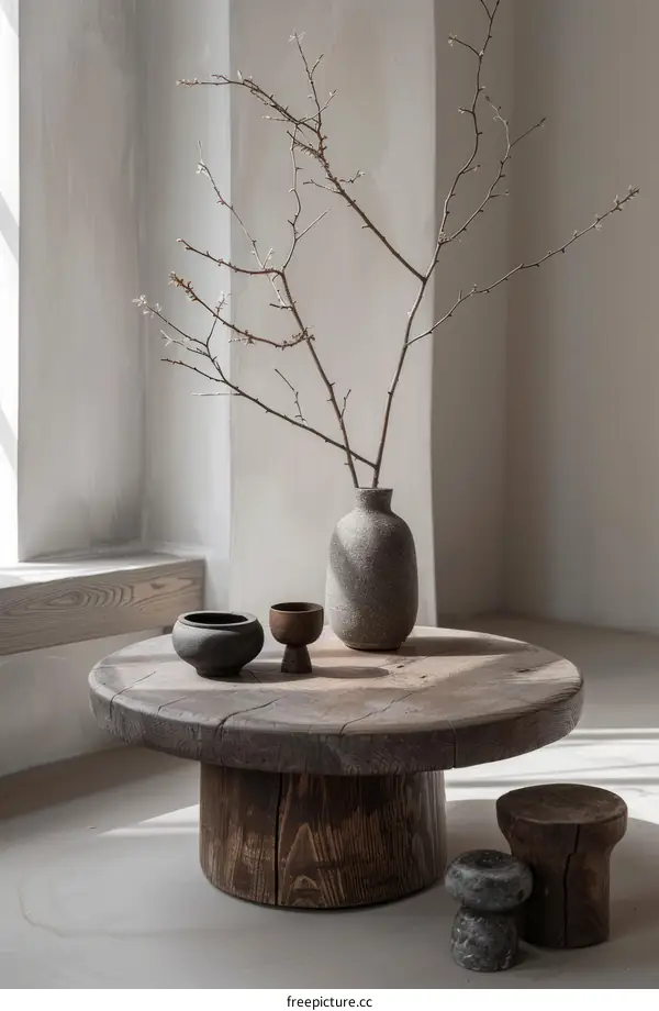 A wooden table with a vase and some other objects on it.