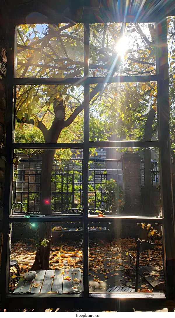 Sunlight Through Window Pane Autumn Leaves Outdoor Scene