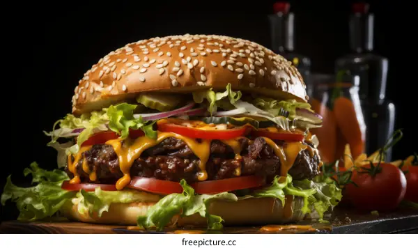 yummy cheeseburger with fresh vegetables