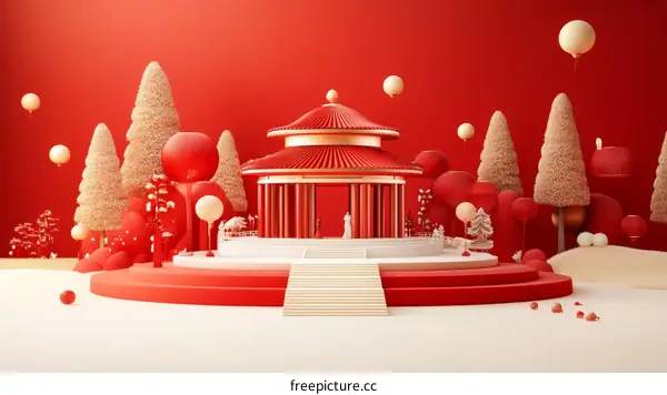Chinese New Year Red Pavilion Illustration