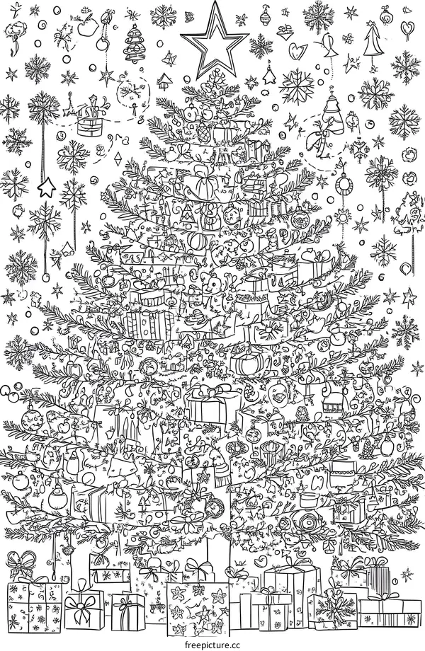 Christmas Tree with Ornaments and Gifts Doodle Illustration