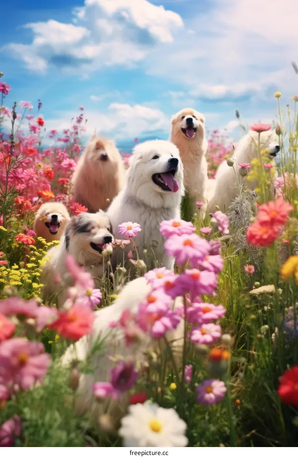 A Group of Six Dogs in a Field of Flowers