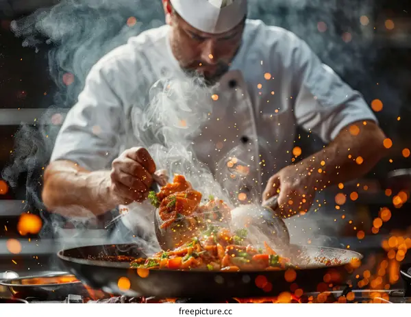 Stir-frying in a hot wok