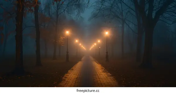 Foggy Park Pathway by Night with Vintage Lamp Posts
