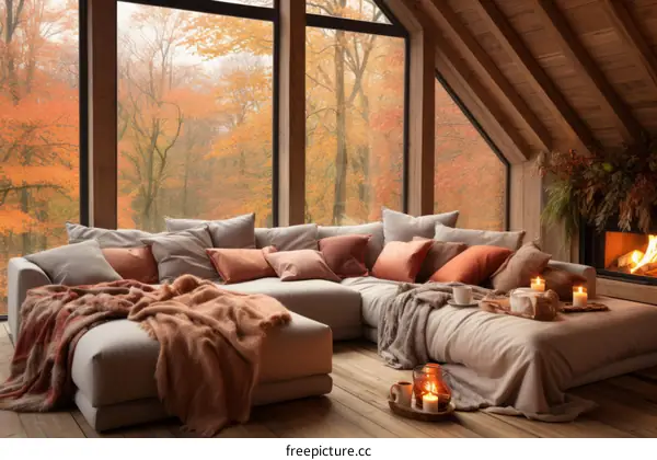 A cozy living room with a fireplace and a view of the fall forest