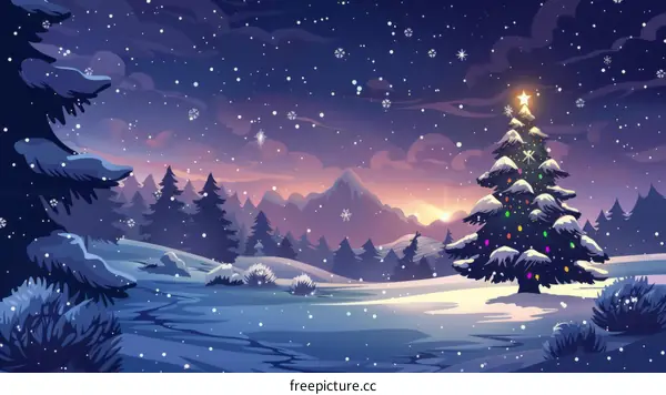 Snowy Christmas Landscape with Decorated Tree