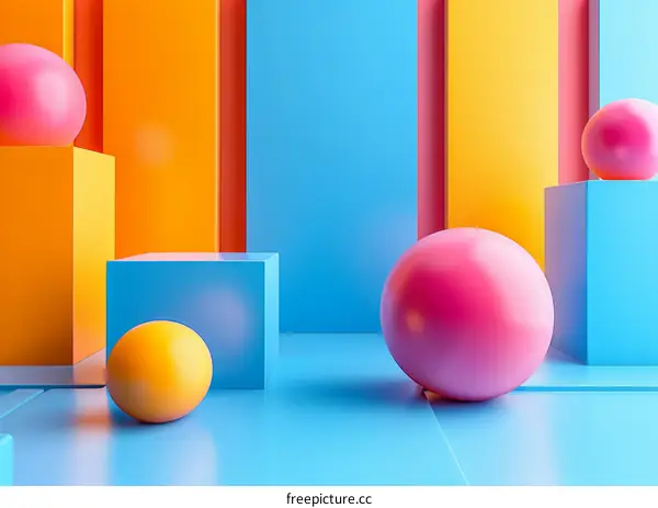 3D rendering of geometric shapes with balls and podiums