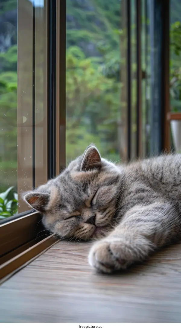 A cute cat is sleeping by the window