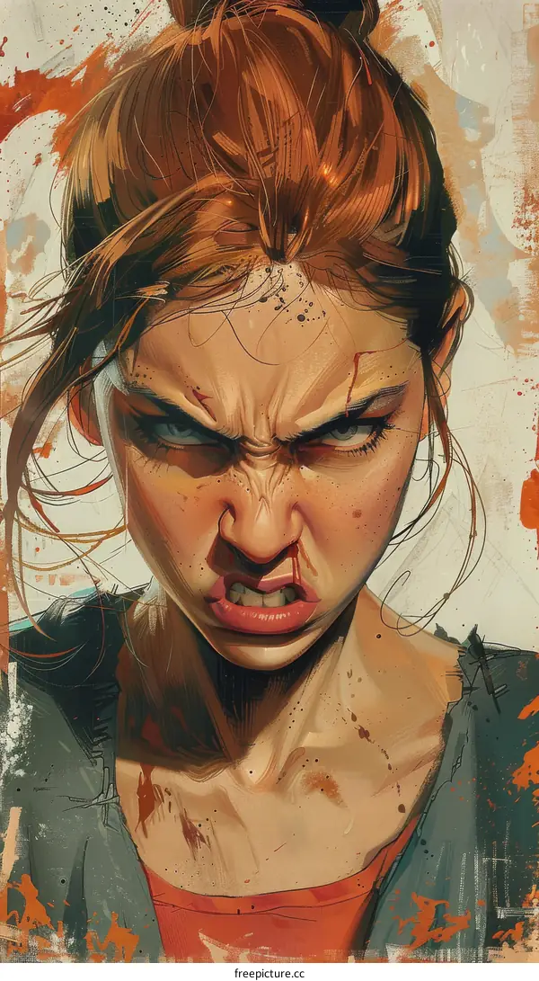 Portrait of a young woman with brown hair and green eyes, looking angry and upset, with a red nose and a small mouth.