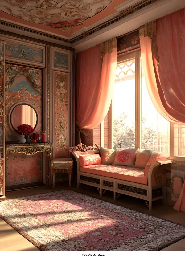 Ornate Interior Design With Pink And Gold Accents