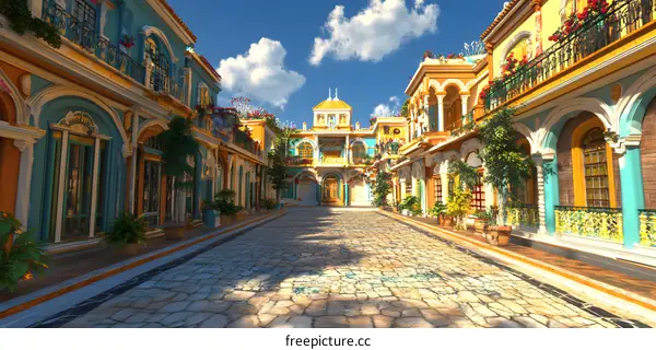 Colorful Buildings and Cobblestone Street in an Imaginary City