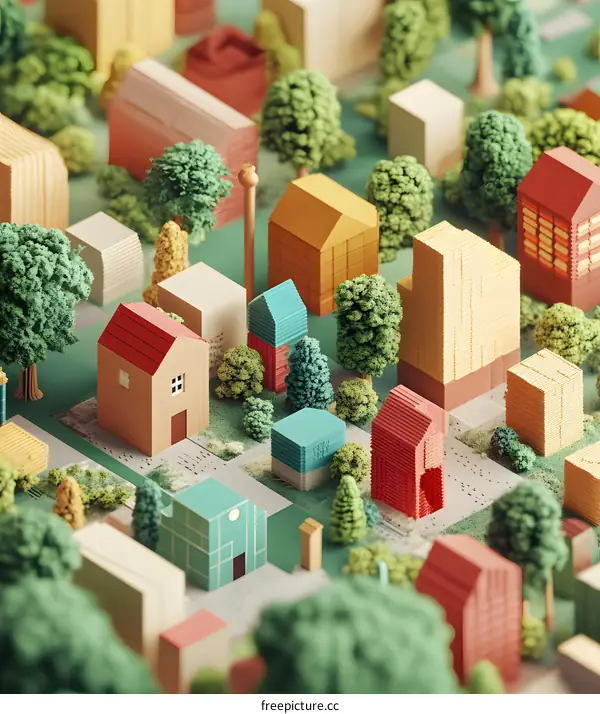 Low Poly Cityscape with Colorful Houses and Trees