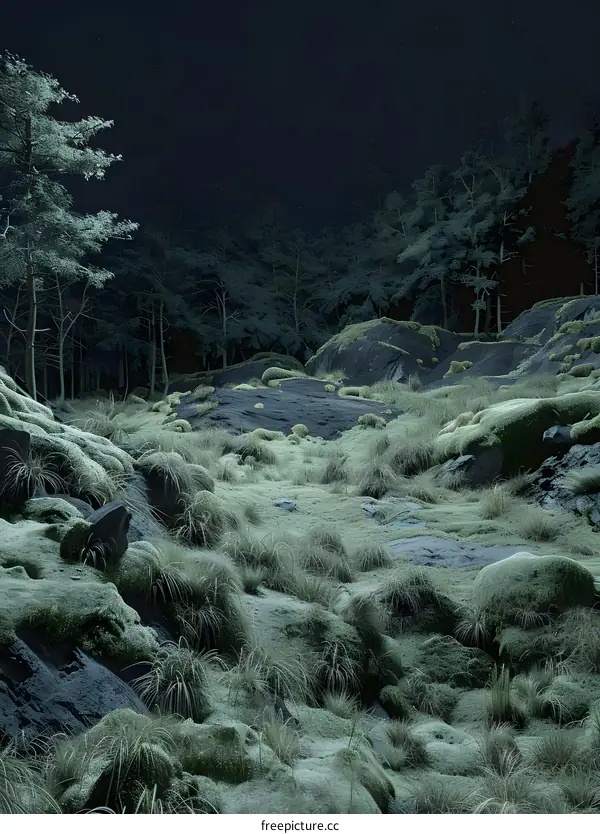 Night Forest with Moss Covered Rocks