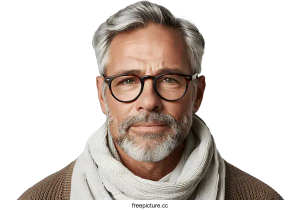 [Transparent Background PNG]portrait of a handsome mature man with grey hair and beard wearing glasses and a scarf
