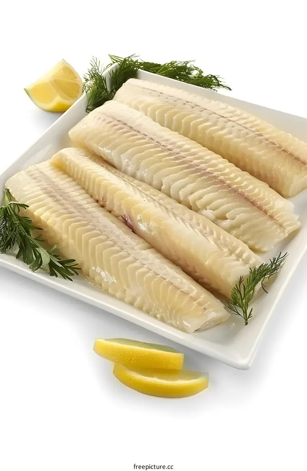 Four pieces of raw white fish fillet on a white plate with lemon wedges and dill