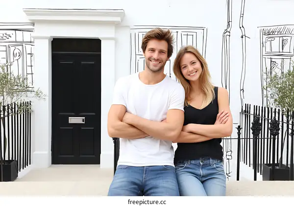 Couple in front of a house drawing