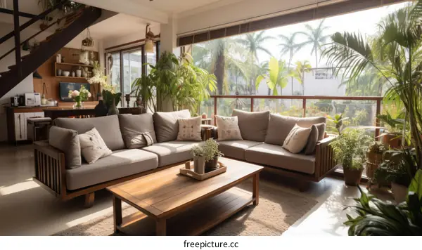 spacious living room with large windows and a tropical view