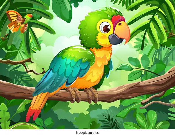Cartoon Green Parrot Perched on Branch in Tropical Jungle