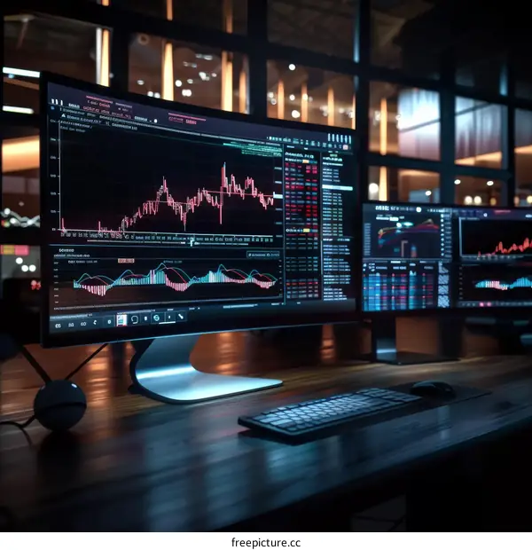 A computer with multiple monitors displaying stock market data