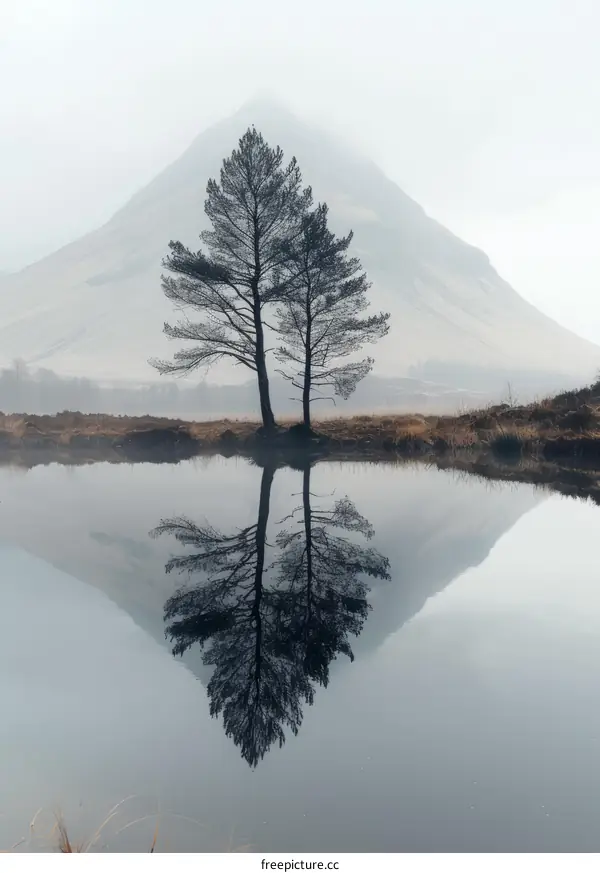 Two Trees in a Misty Mountain Lake