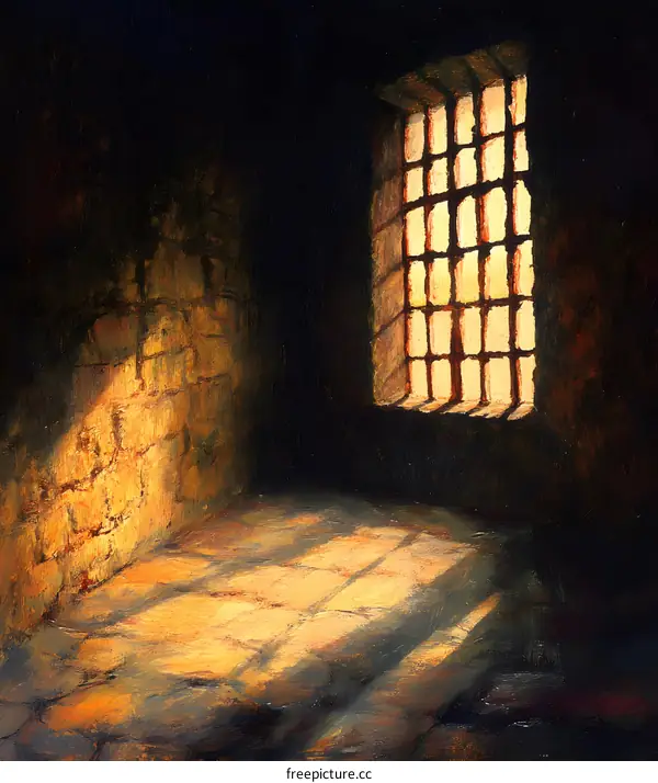 Oil Painting of a Window with Bars in a Dark Room