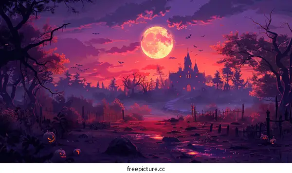 fantasy landscape with a haunted castle and a full moon