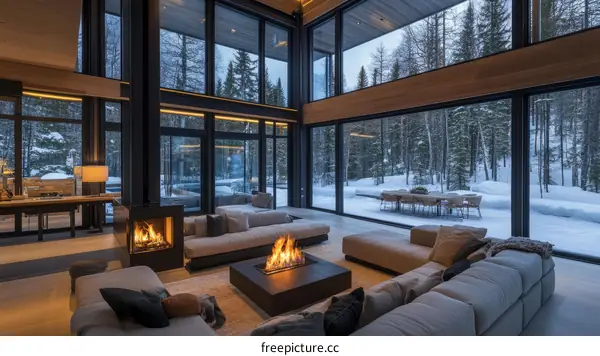 Modern Winter Cabin Living Room with Fireplace