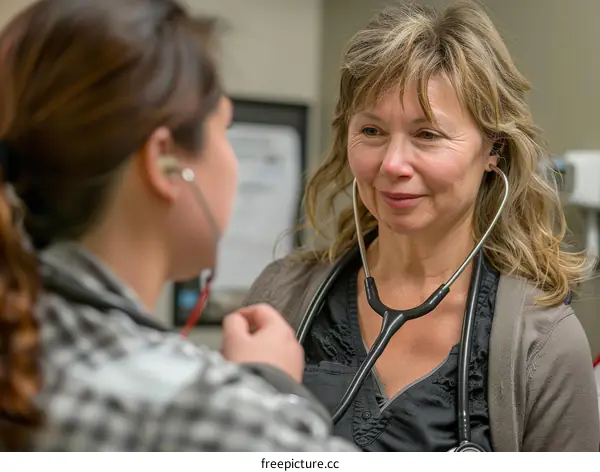 A female doctor is listening to a patient's heartbeat with a stethoscope.