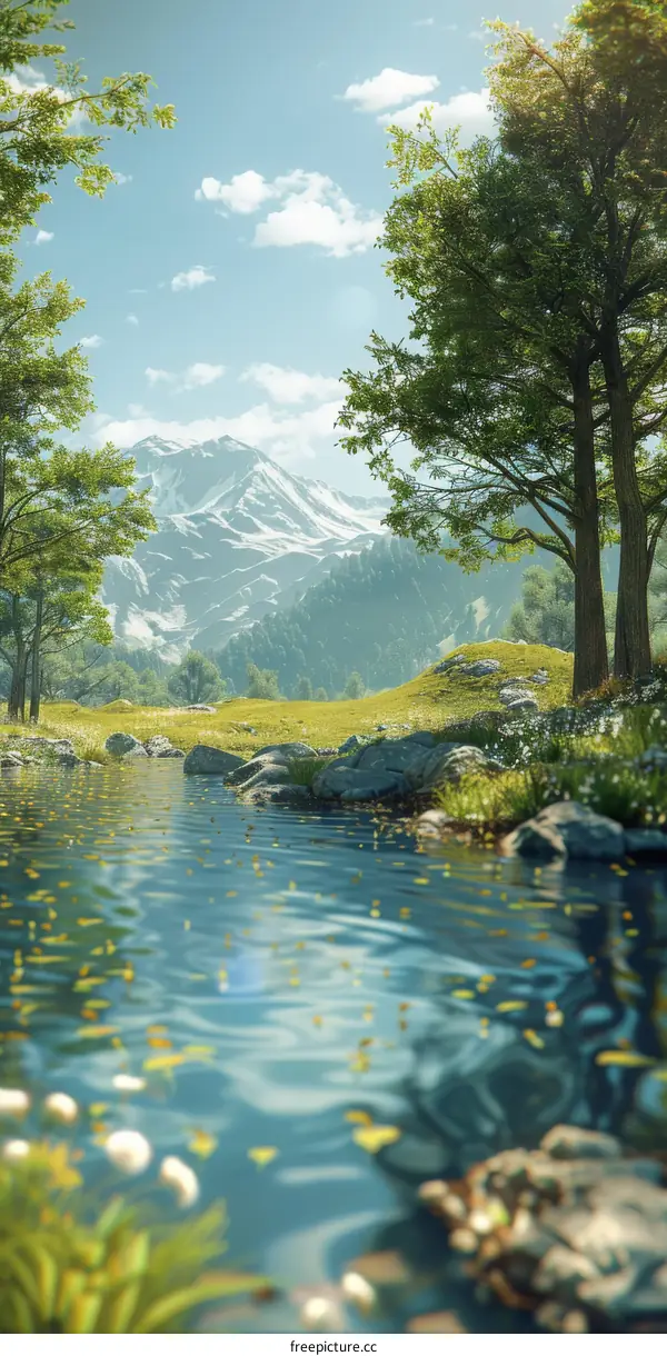 Tranquil Mountain Stream in Lush Green Valley