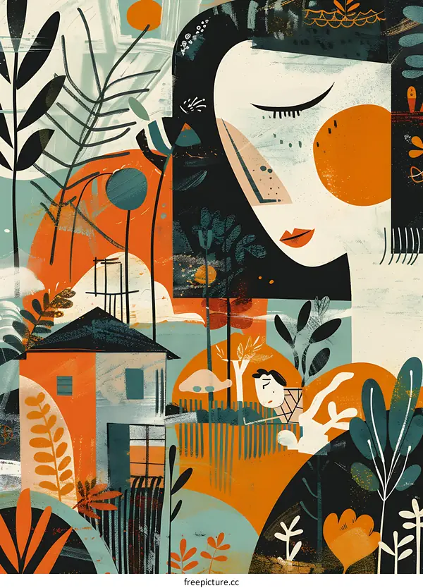 Abstract Illustration of a Woman with a House and Trees in the Background