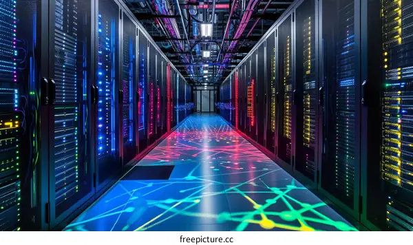 Server room with colorful lights on the floor
