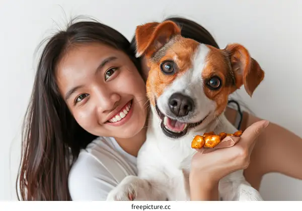A smiling Asian woman feeding her dog a treat