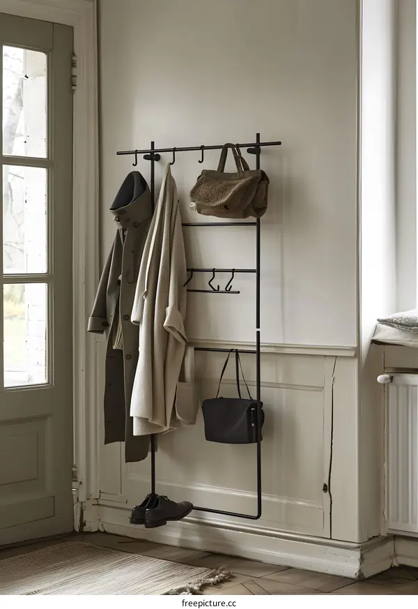Black Metal Coat Rack With Hooks And Shelf In Hallway