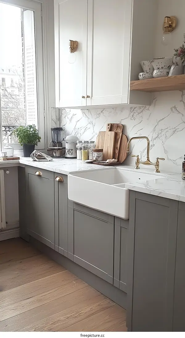 Modern European Style Kitchen Design with Marble Backsplash