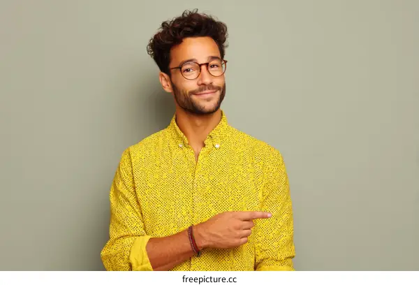 Smiling Man in Yellow Shirt Pointing