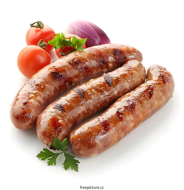 Grilled sausages with vegetables on white background